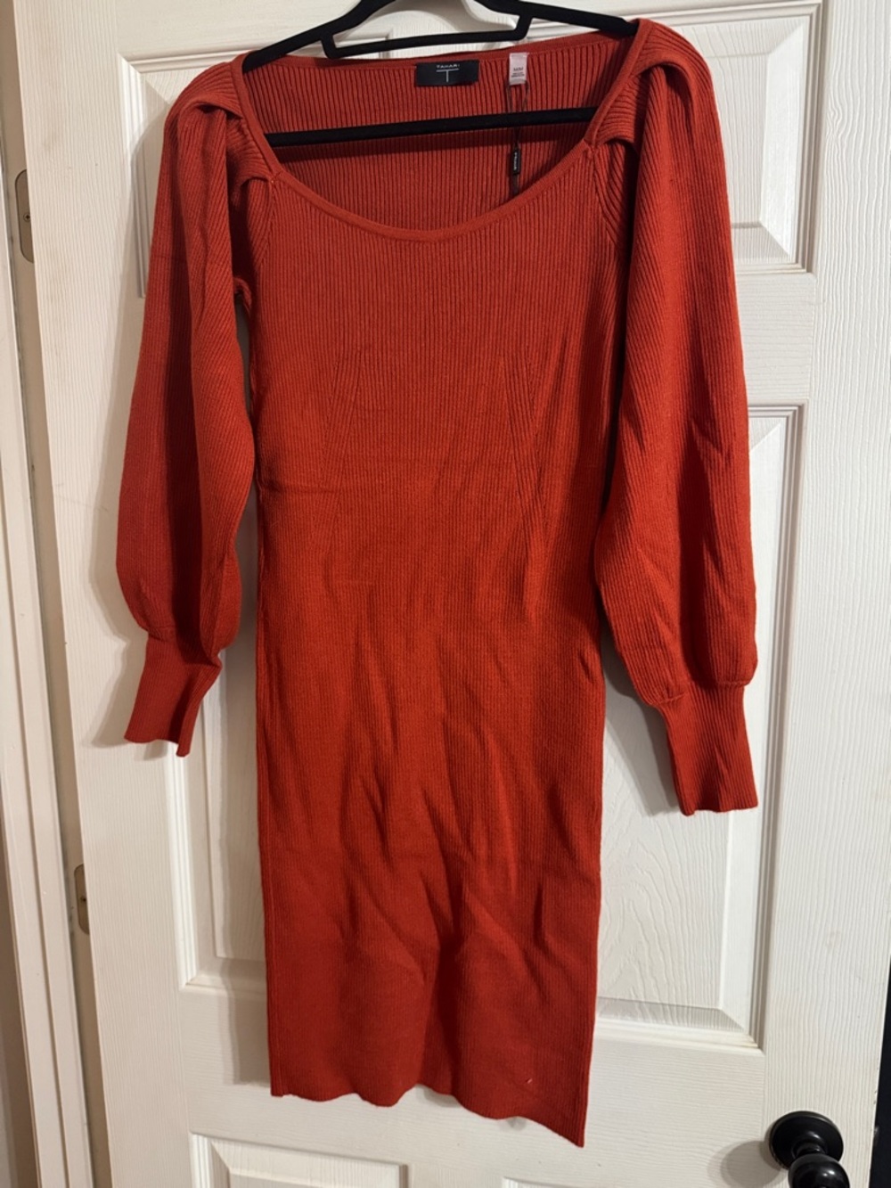 Tahari Rust Ribbed Puff-Sleeve Midi Dress